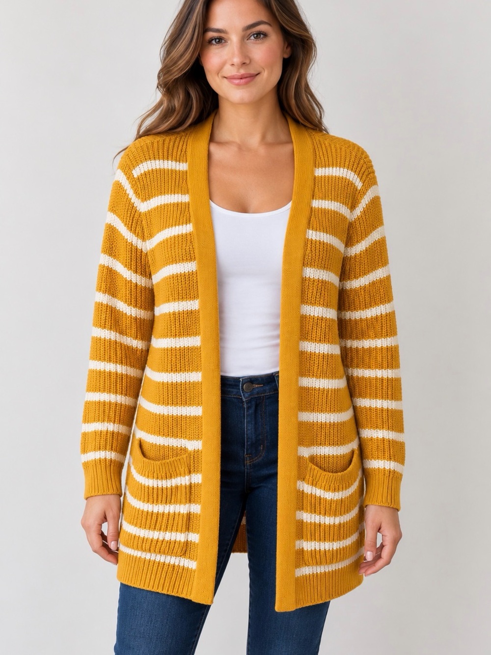 Old Navy Mustard and Cream Striped Open-Front Cardigan